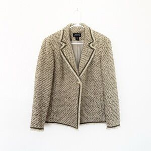 Tweed Boucle 90s Blazer Green Cream Designer Plus Size Business Woman Jacket 16W